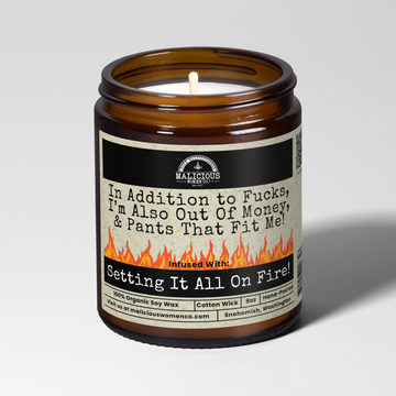 In Addition to F*cks, I'm Also Out Of Money & Pants That Fit Me | 9oz Funny Mental Health Candle | Malicious Women Co.